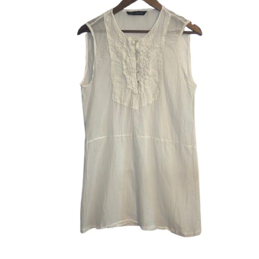 Zara Woman Sleeveless White Blouse Tunic Top Button Up Embroidered Detail
